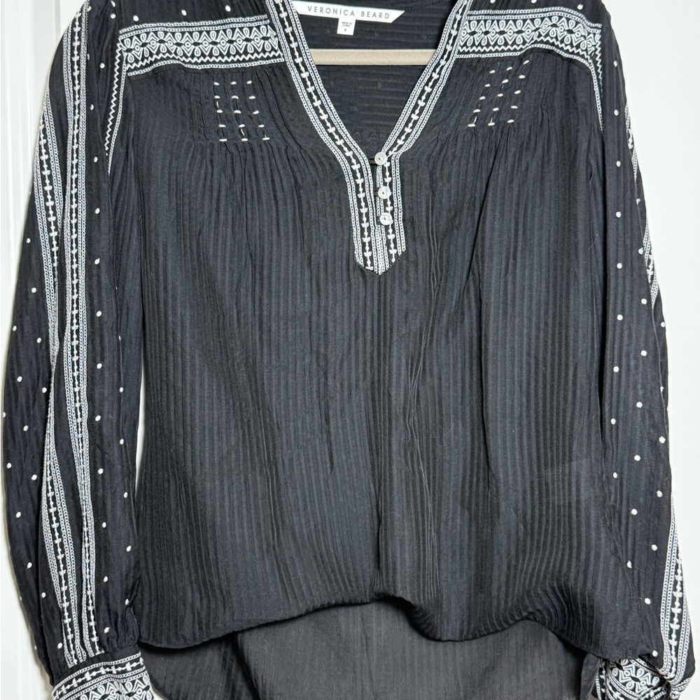 Veronica Beard Black and White Embroidered Blouse